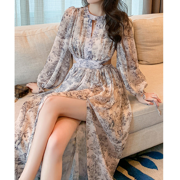 Chiffon Layered Long Sleeve Gown with Cascade Jacket Pool main image 1