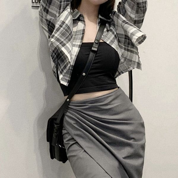 Plaid Shirt Slit Irregular Skirt Suit
