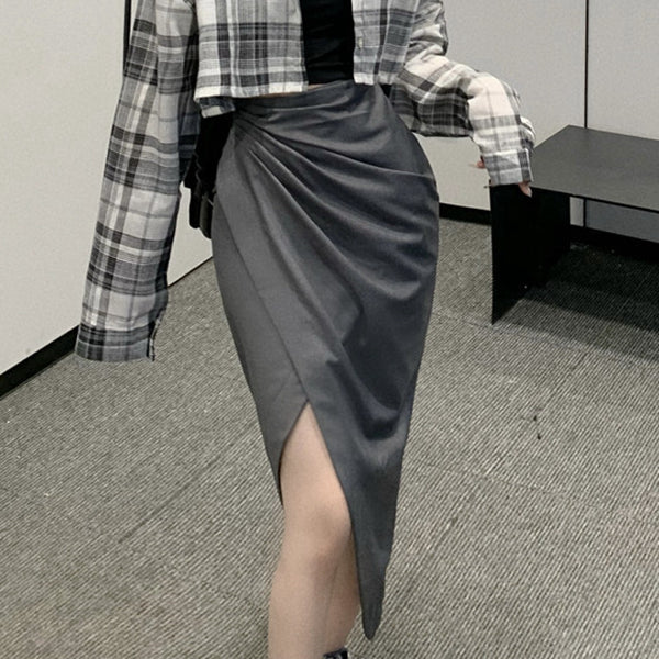 Plaid Shirt Slit Irregular Skirt Suit