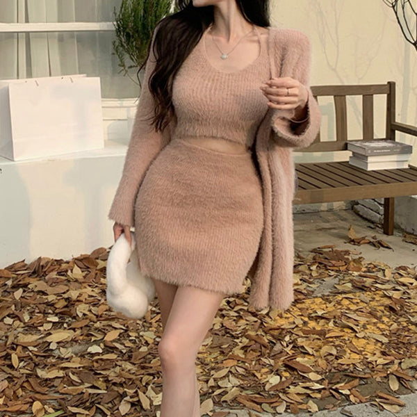 Mohair Cardigan Sweater Camisole Skirt Knitted Set