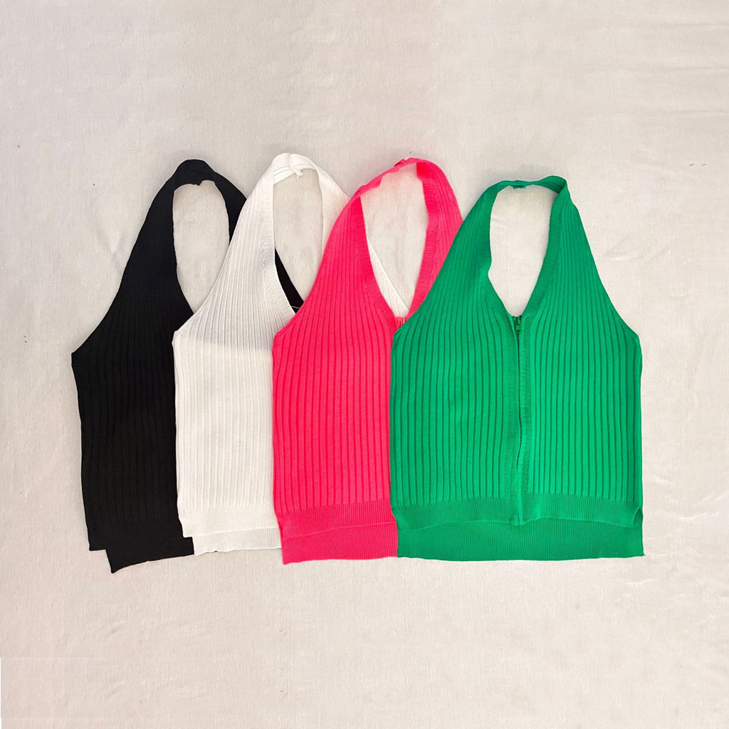 Zipper V-Neck Elastic Knitted Halter Neck Tank Top