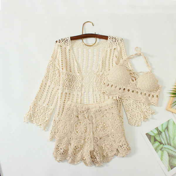 Hollow Knit Cardigan Split Swimsuit Three Piece Set