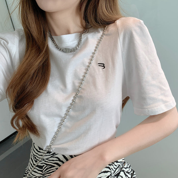 Embroidered Letter T-Shirt Top Ruched Slit Skirt