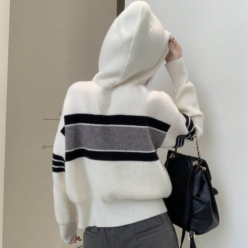 Striped Double Zip Hooded Casual Knit Cardigan