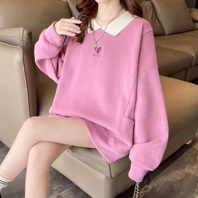 Polo Neck Silver Fox Fleece Loose Pocket Sweatshirt