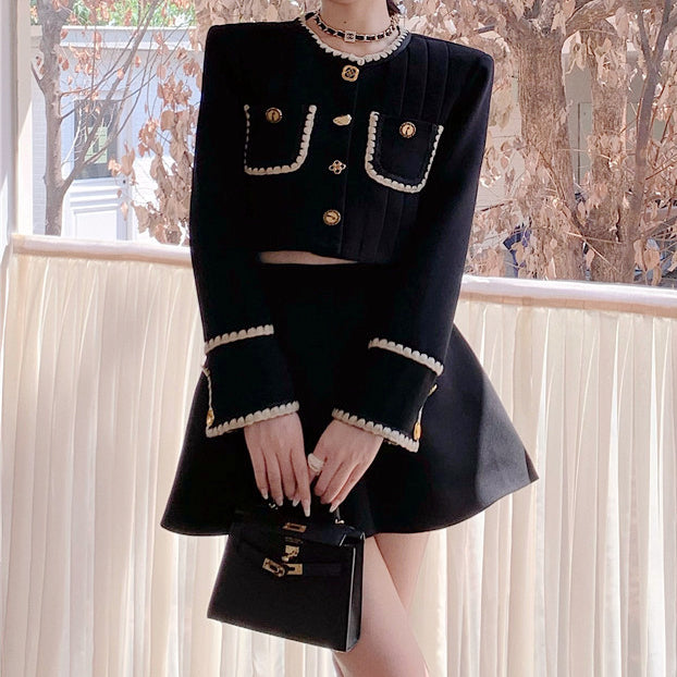 Short Black Coat Top High Waist Pleated Skirt Set