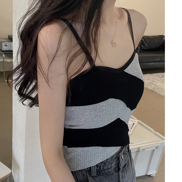 Contrast Stripe Suspenders Cropped Slim Tank Top