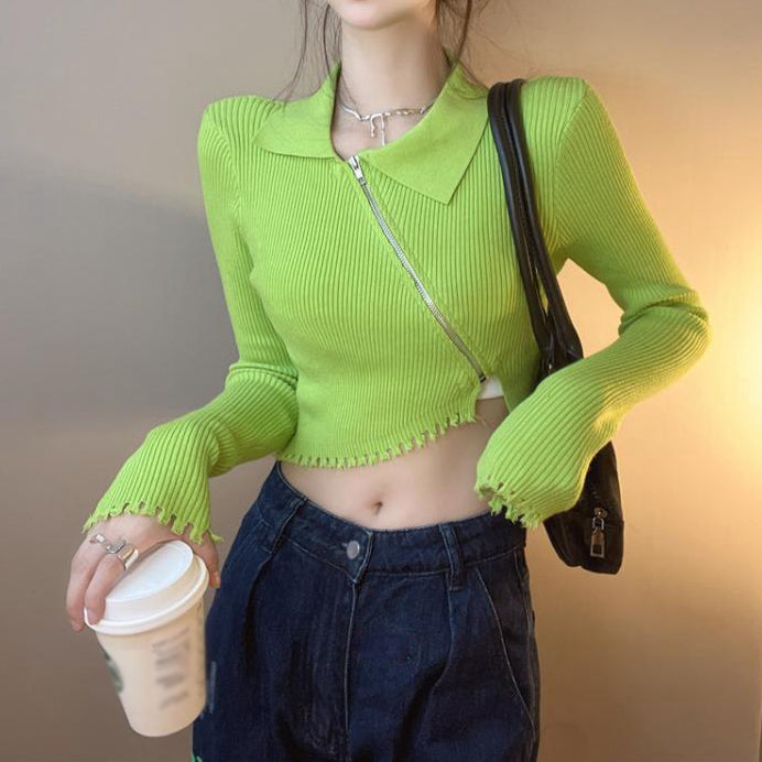 Slanted Zipper Irregular Lapel Cropped Knitted Top