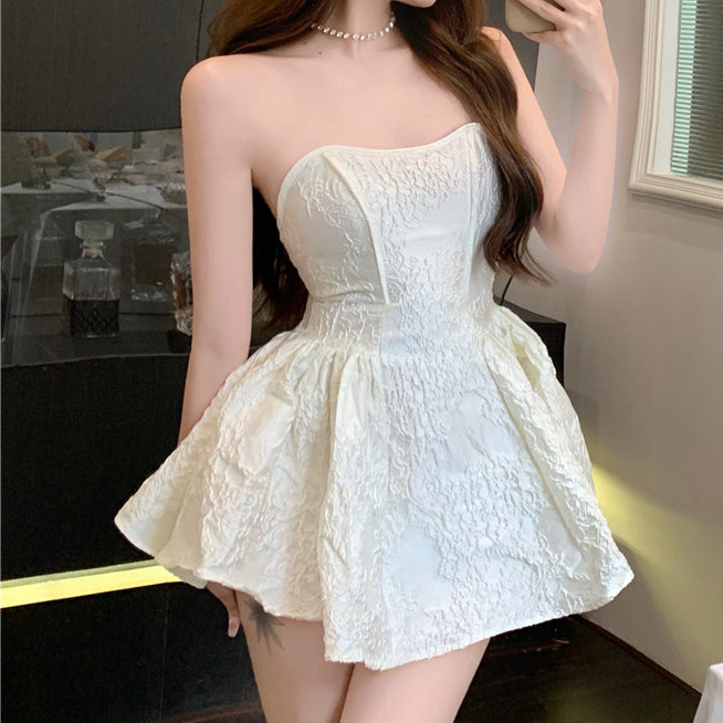 Vintage Rose Tube Top Slim Puff Cocktail Dress