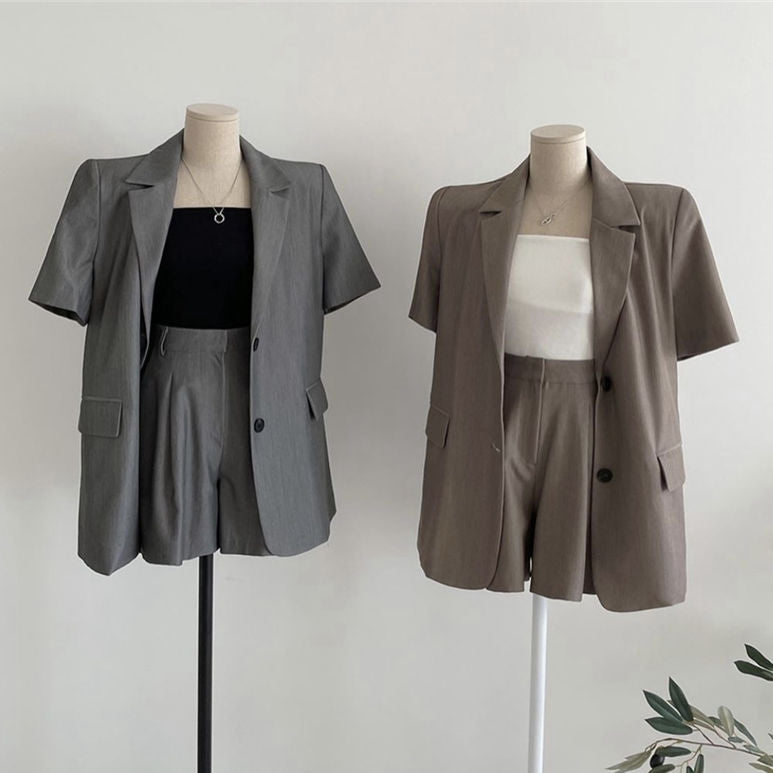 Two Button Short Sleeve Blazer Top Suit Shorts Set