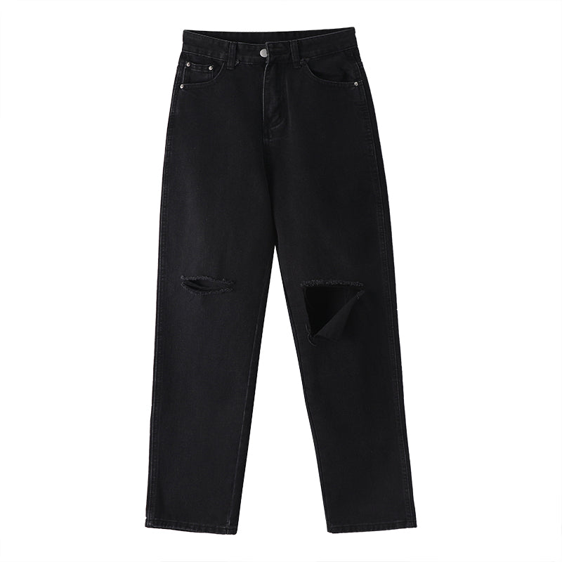 Ripped Straight-Leg High Waist Jeans