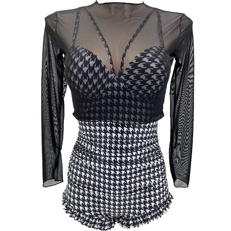 Long Sleeve Mesh Houndstooth Swimsuit Set