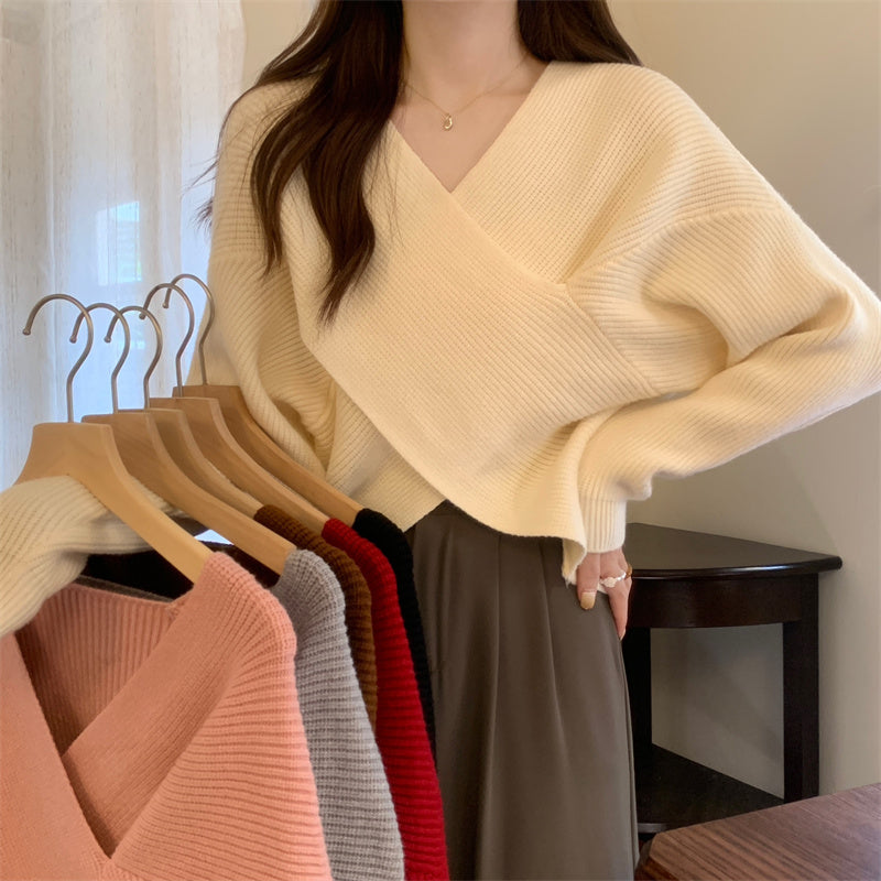 V-Neck Crossover Thermal Long-Sleeve Knitted Sweater
