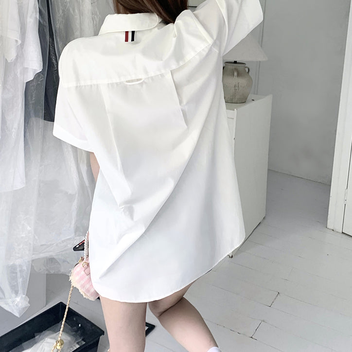 White Short Sleeve Tie Shirt Casual Dress