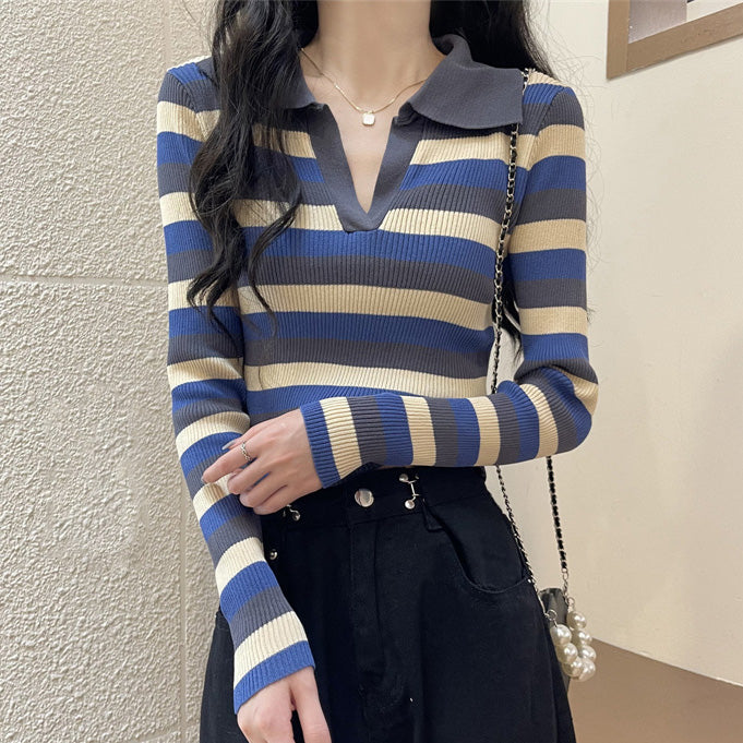 Striped Lapel Long Sleeve T-Shirt Knit Top