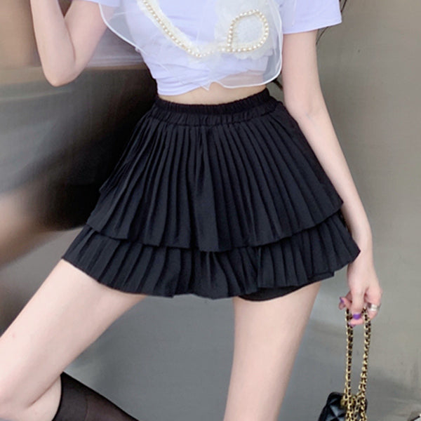 Set Beaded Crew Neck T-Shirt Top Pleated Cake Skirt
