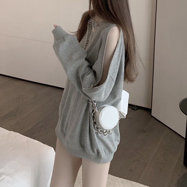 Gray Sweatshirt Zip Off Shoulder Top
