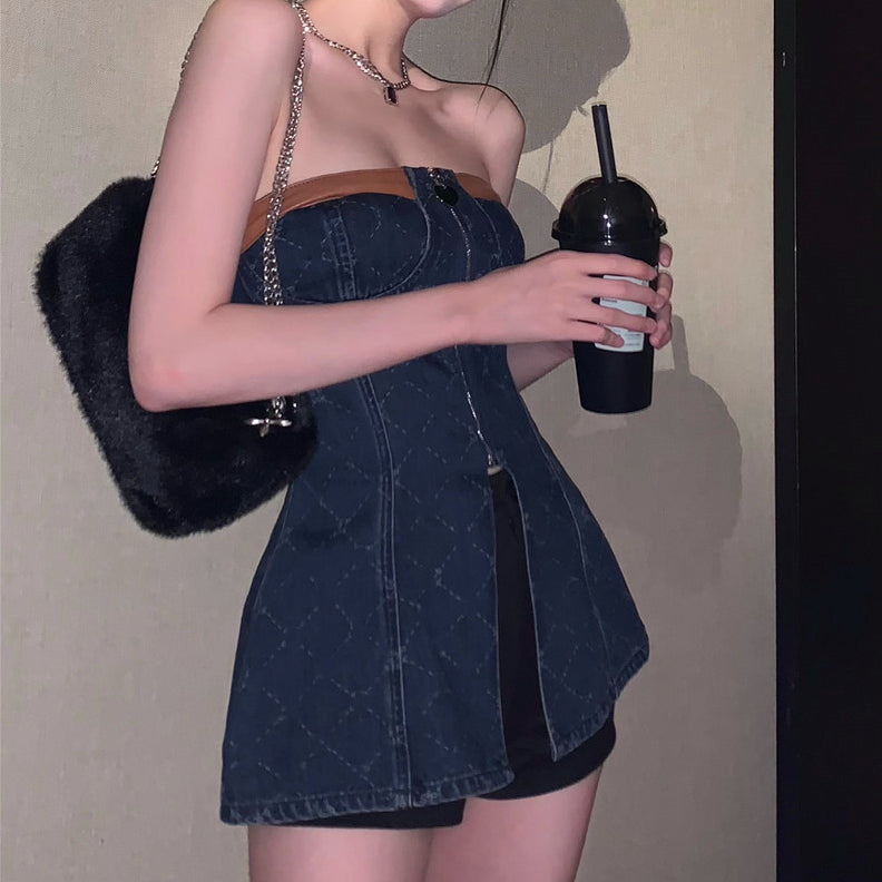 Stitching Tube Top Zipper Slit Plaid Dress