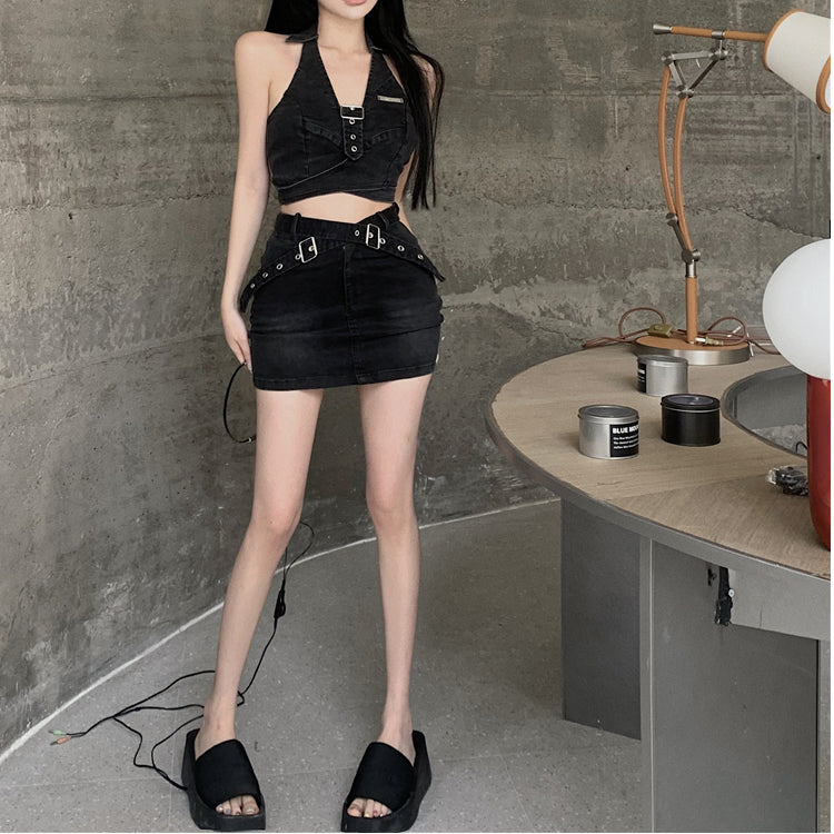 Halter Neck Denim Top High Waist Skirt Fashion Two-Piece Set