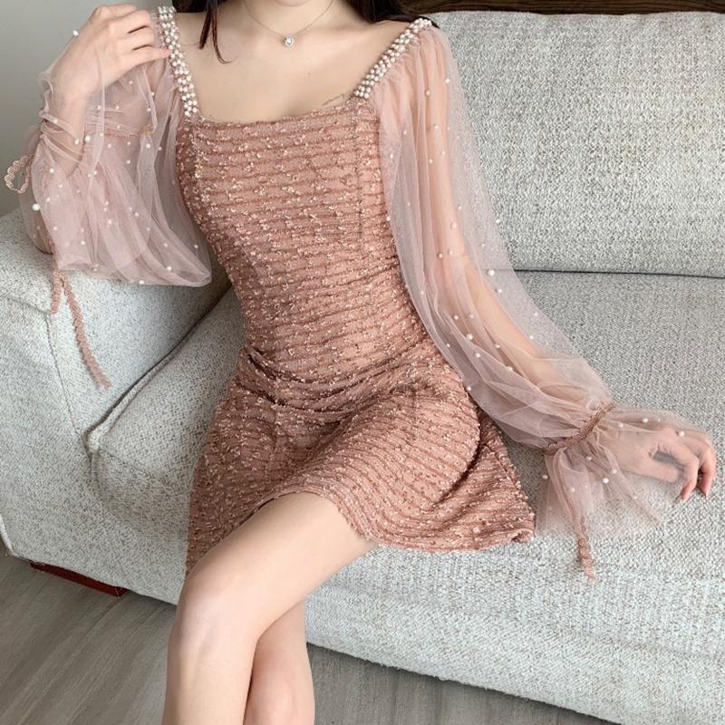 New Temperament Fashion Mesh Stitching Long Sleeve Dress