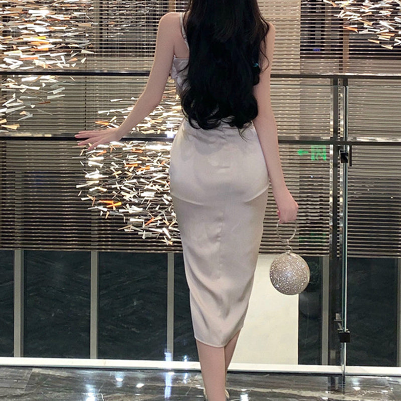 Champagne Satin Slim Slip Cocktail Dress