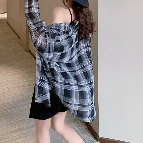 Black Slim Cami Dress Plaid Shirt Set
