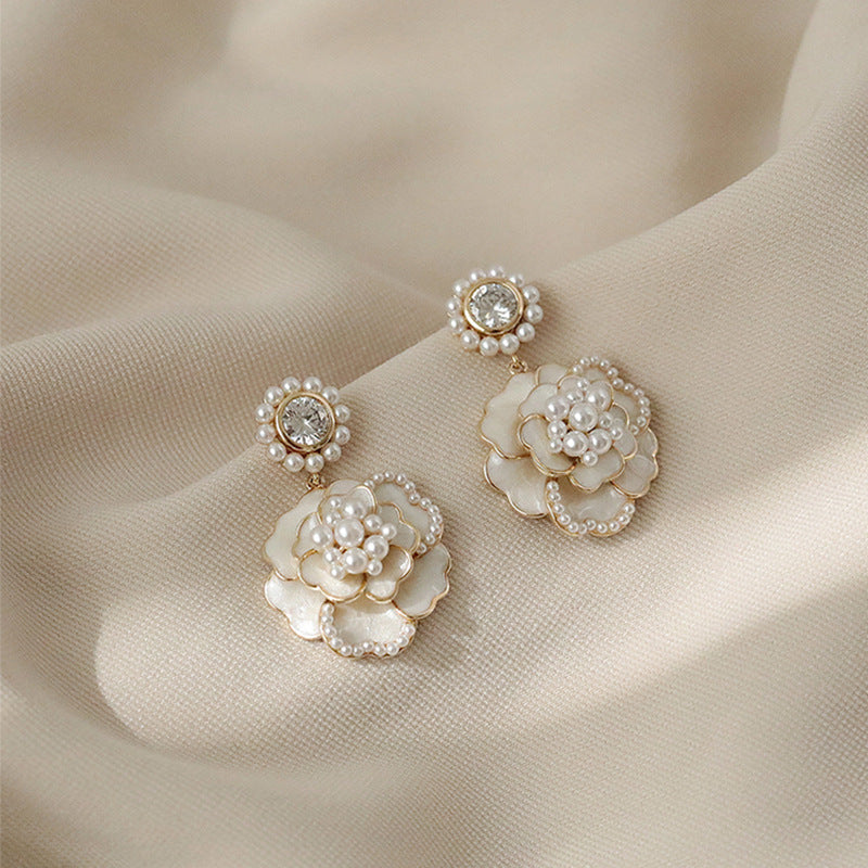 French Temperament Pearl Petal Silver Stud Earrings