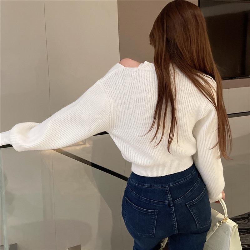 Halter V-Neck Solid Color Pullover Cross Fashion Knit Sweater