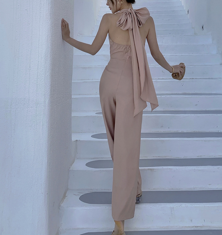 Seaside Resort V-Neck High Waist Halter Open Back Wide Leg One Piece Pants