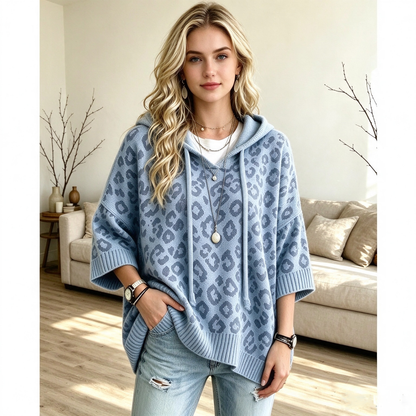 Leopard Print Hooded Drawstring Knit Pullover Sweater