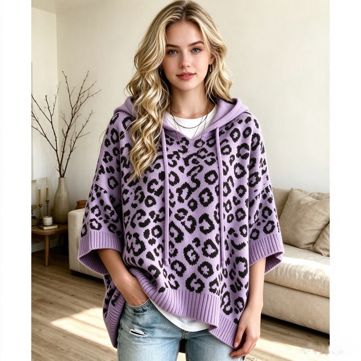 Leopard Print Hooded Drawstring Knit Pullover Sweater