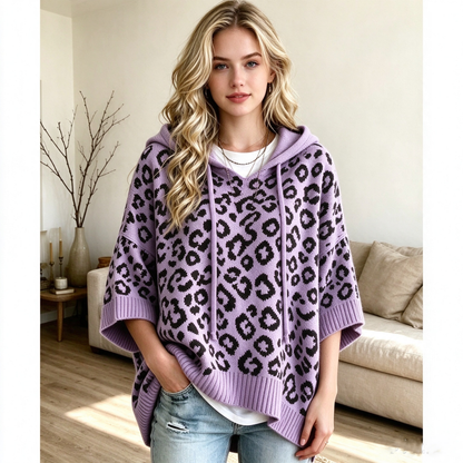 Leopard Print Hooded Drawstring Knit Pullover Sweater