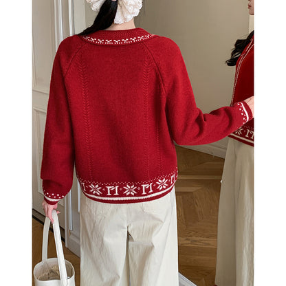 Snowflake Jacquard Colorblock Crew Neck Knit Cardigan