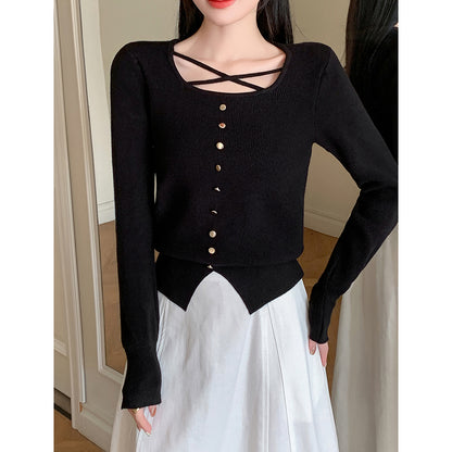 Single-Breasted Metal Button Pullover Long-Sleeved Knit Sweater