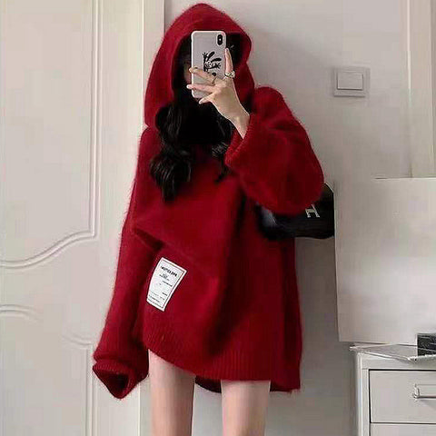 Hooded Loose Red Long Sleeve Christmas Sweater