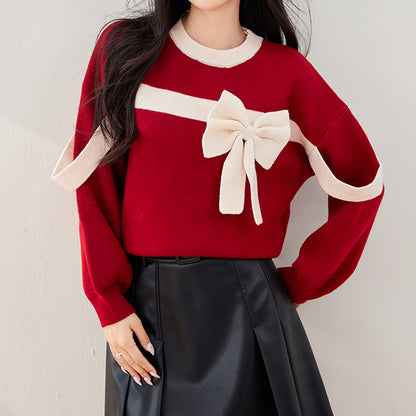 Bow Round Neck Christmas New Year Knitted Sweater