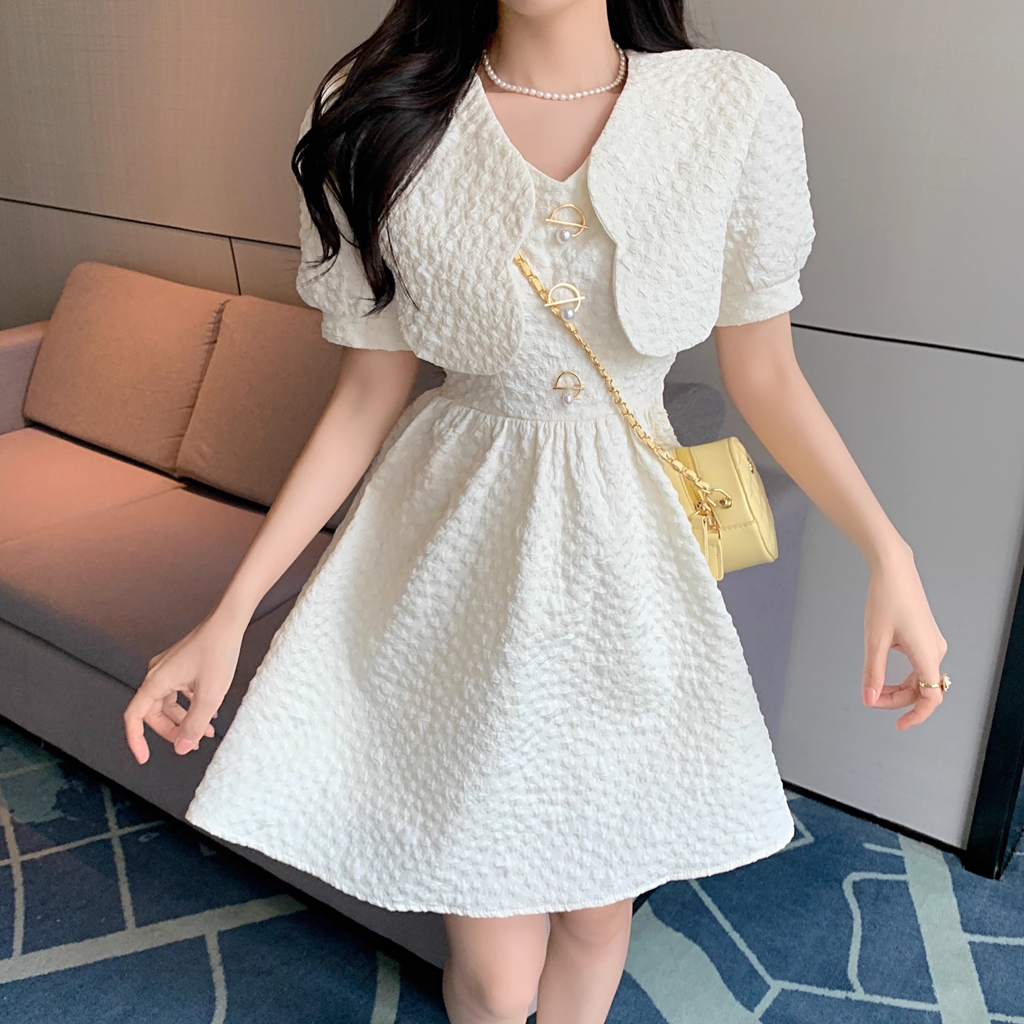 Doll Collar Puff Sleeves Waisted Puffy Dress