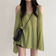 Off-shoulder loose v-neck long-sleeved knitted top