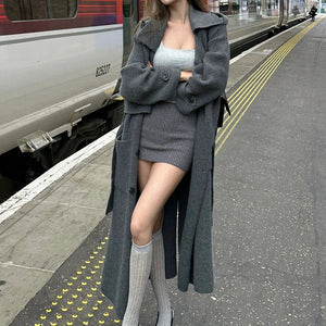 Long Double Breasted Gray Knit Cardigan Jacket