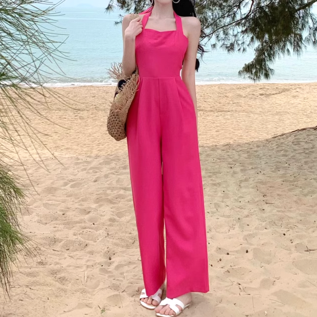 Open back tie pocket rose red wide-leg jumpsuit
