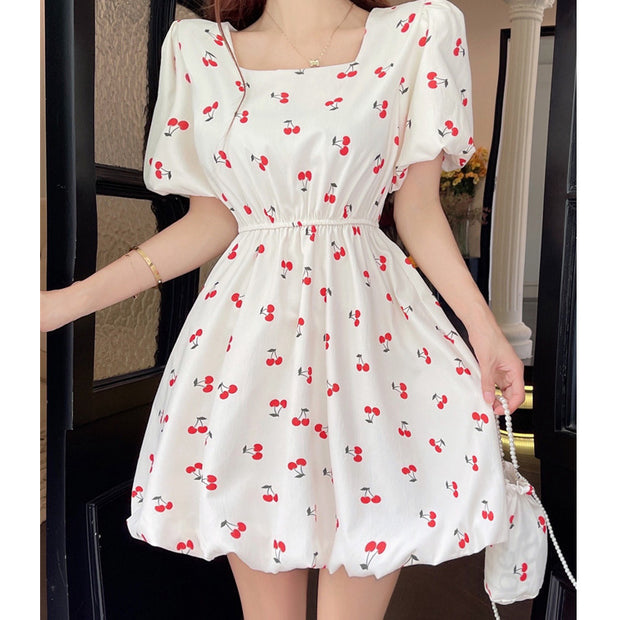 Puff sleeve waist neck square neck floral dress