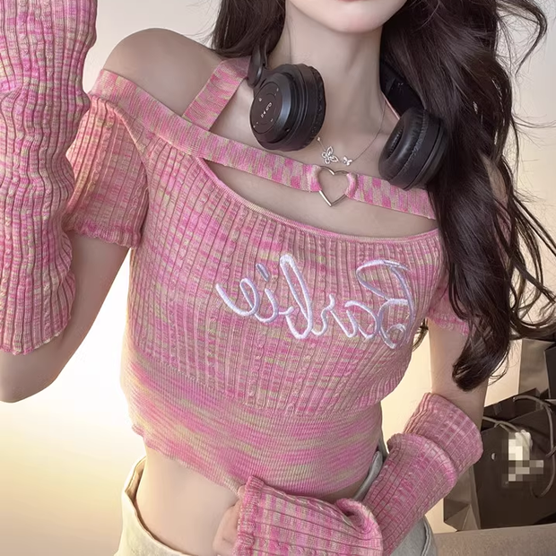 Letter knit short sleeve slim fit t-shirt top