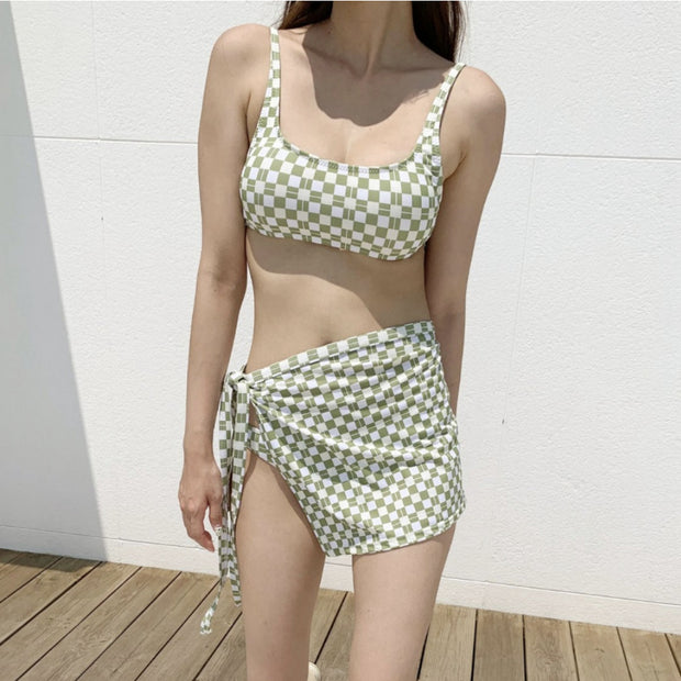 Diamond plaid high waist bikini three-piece set
