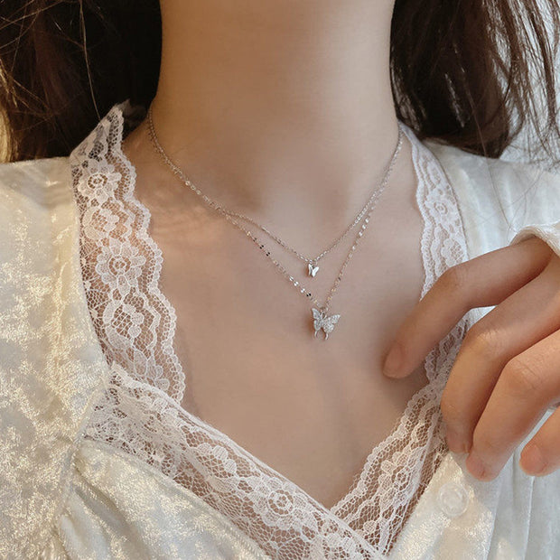 Double butterfly alloy clavicle necklace