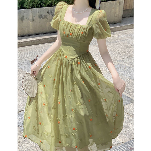 Square neck chiffon neck puff sleeve long dress