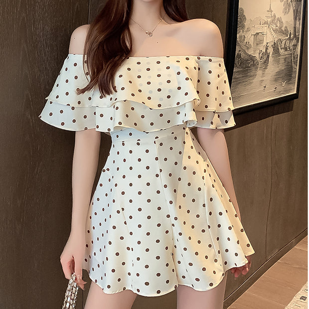 Ruffled polka dot waist slim jumpsuit shorts