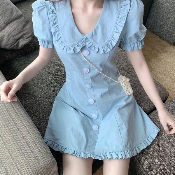 Doll Collar Ruffled Puff Sleeve Waist A-Line Dress