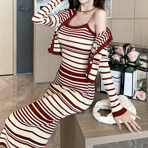 Striped Knitted Dress Long-Sleeved Cardigan Set
