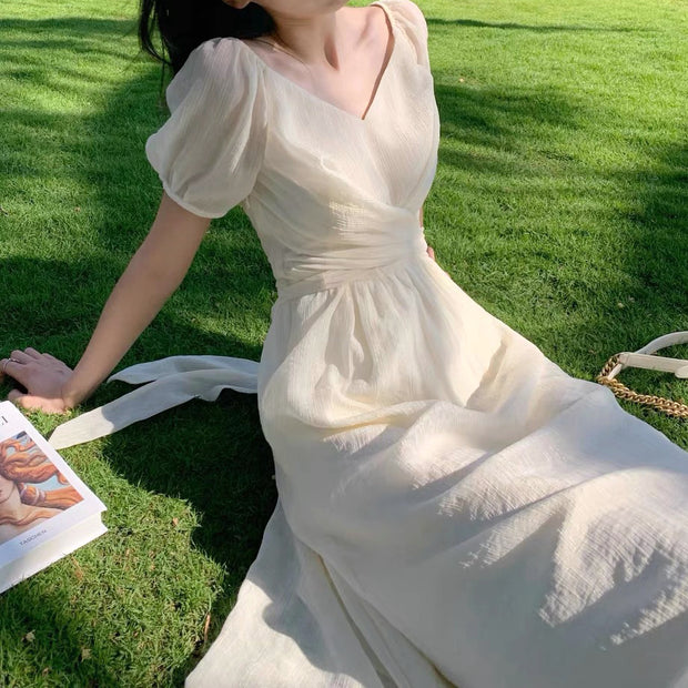 Bubble short-sleeved v-neck waist long dress