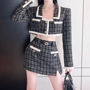 Plaid long sleeve short jacket slit belt skirt set